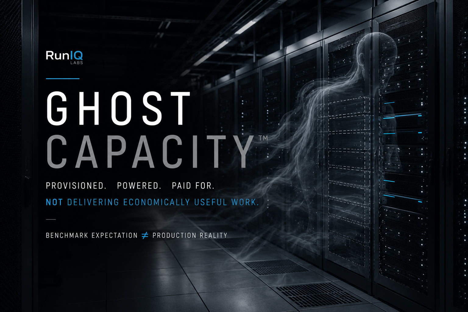 GHOST CAPACITY™ — Provisioned. Powered. Paid for. Not delivering economically useful work. Benchmark expectation ≠ Production reality. Ghostly figure drifting through a server room.