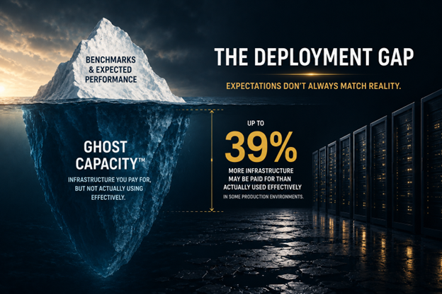 The Deployment Gap: an iceberg with 'Benchmarks & Expected Performance' above the waterline and 'Ghost Capacity™ — infrastructure you pay for but not actually using effectively' below. Up to 39% more infrastructure may be paid for than actually used effectively in some production environments.