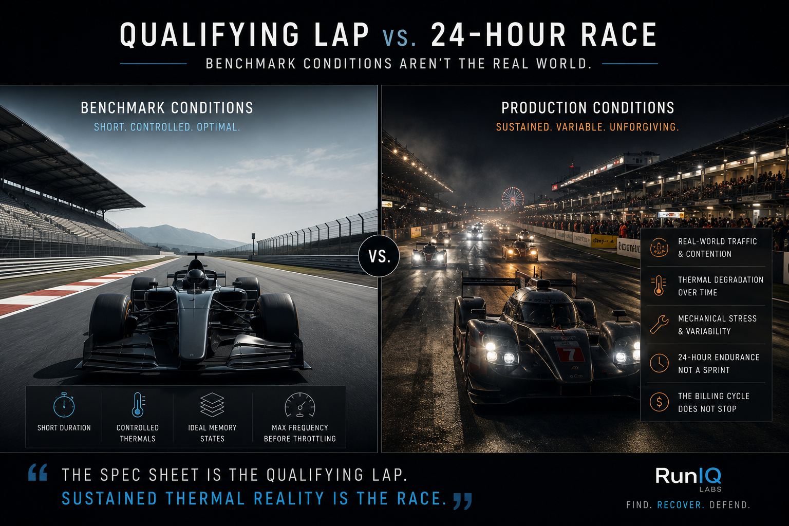 Qualifying Lap vs 24-Hour Race. Side-by-side comparison: Benchmark Conditions (short, controlled, optimal) shown as a Formula 1 car in daylight on a clean track, with bullet points — short duration, controlled thermals, ideal memory states, max frequency before throttling. Production Conditions (sustained, variable, unforgiving) shown as a Le Mans endurance car at night under rain, with bullet points — real-world traffic and contention, thermal degradation over time, mechanical stress and variability, 24-hour endurance not a sprint, billing cycle does not stop. The spec sheet is the qualifying lap. Sustained thermal reality is the race.