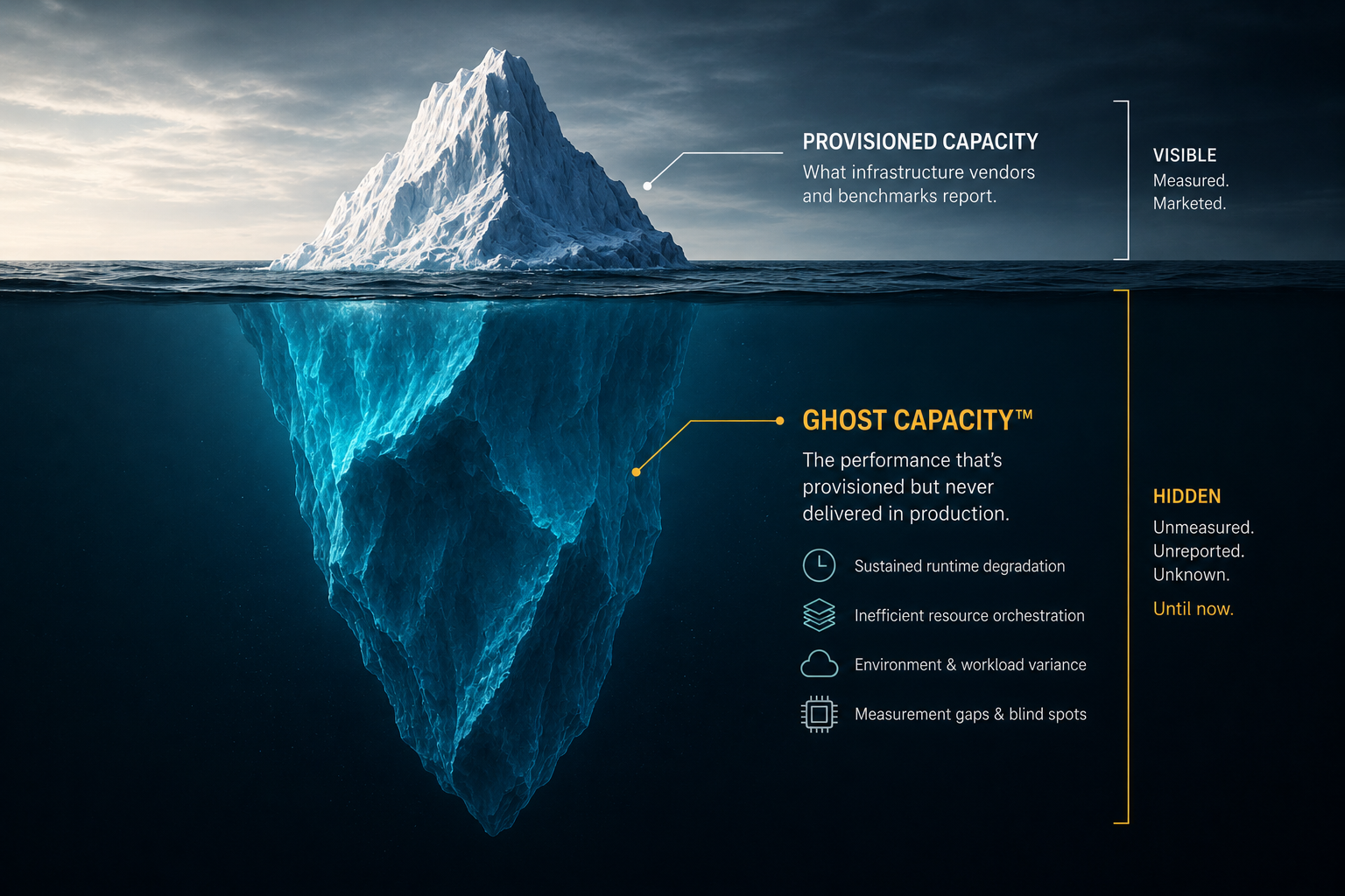 Iceberg illustration: Provisioned Capacity above the waterline (visible — measured, marketed), Ghost Capacity™ below the waterline (hidden — unmeasured, unreported, unknown until now). The performance that's provisioned but never delivered in production.