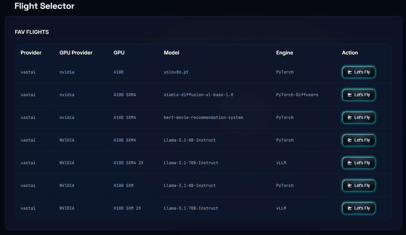 Flight Selector — saved configurations across providers, GPUs, and engines